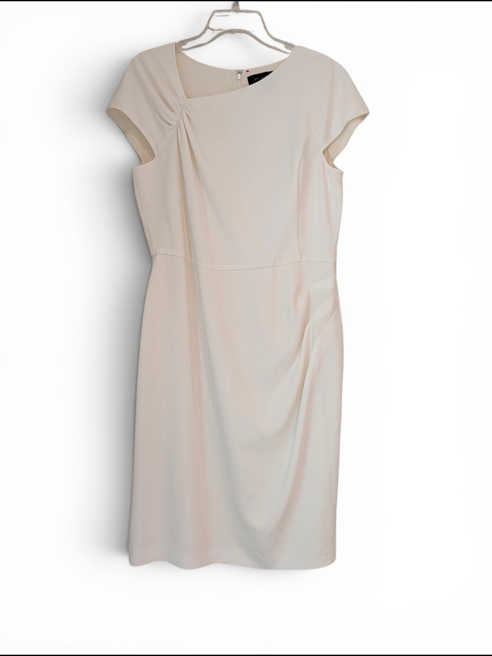 St. John Light Cream Cap-Sleeve Asymmetrical Neckline Sheath Dress Size 12
